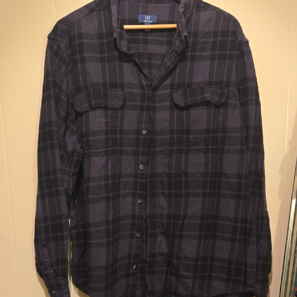 George Men's Casual Button Down Shirt - Black and Grey Plaid